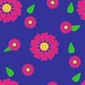 Seamless flower pattern of yellow, green, pink petals on blue.